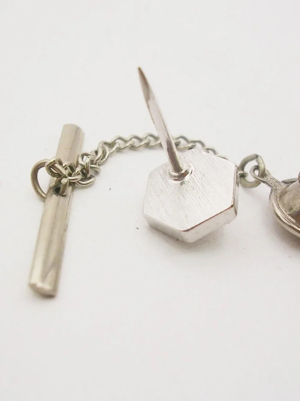 Vintage Tie Tack Pin with Chain silver tone Hexagon gray Rhinestone Formal Wear